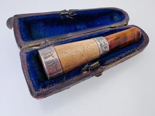 Antique Amber & Meerschaum Cheroot Cigarette Cigar Holder Silver Original  Box
