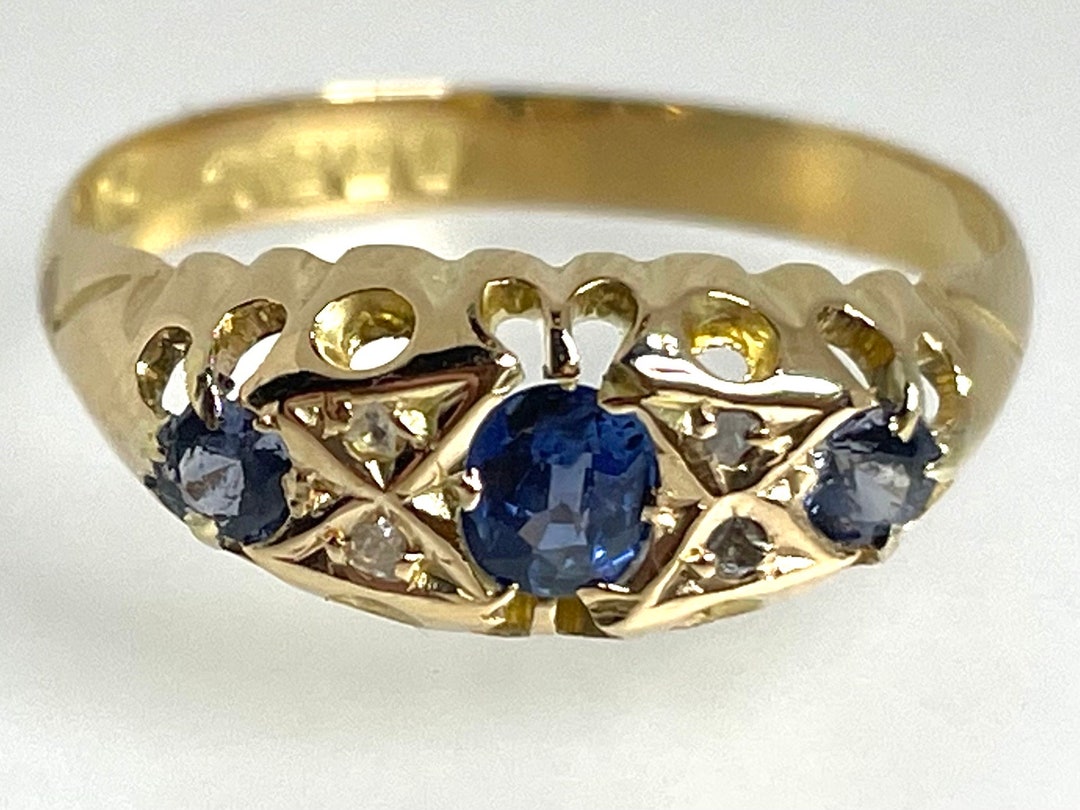 Antique George V 18ct Yellow Gold Sapphire Diamond Trilogy Ring 1918 N ...