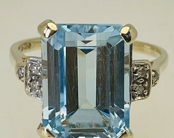 Pale Blue Topaz Solitaire & Diamond Statement Cocktail Ring 9ct Gold Size P 1/2