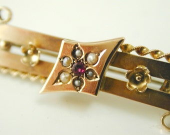 Ruby & pearl bar brooch antique Edwardian dated 1907 sweet flower design 2.6g