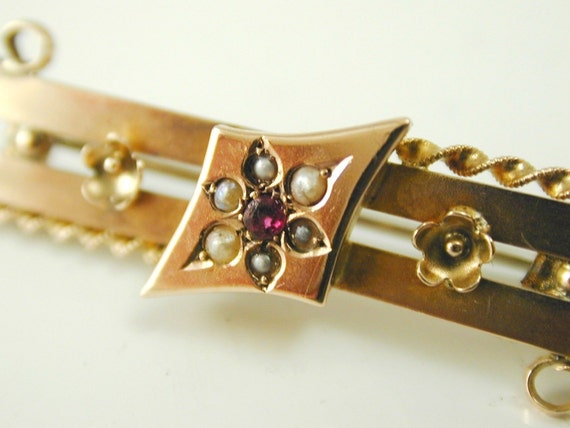 Ruby & pearl bar brooch antique Edwardian dated 1… - image 1