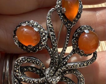 Vintage 1950s Silver Carnelian & Marcasite Floral Spray Brooch Mid 20th Century