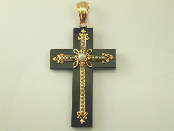 Onyx pearl & diamond cross pendant antique French