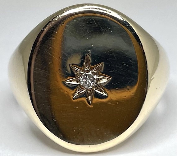 Vintage 9ct Yellow Gold Diamond Oval Signet Pinky Gents Ring Heavy