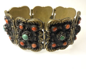 Vintage Costume Chinese Cuff Bracelet Turquoise & Coral 52.9g 31.75mm 7"