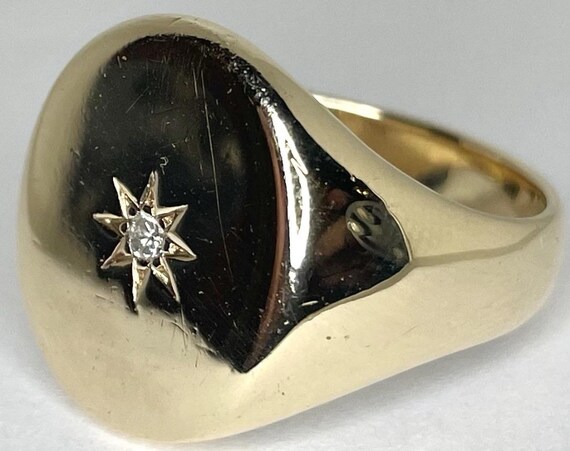 Vintage 9ct Yellow Gold Diamond Oval Signet Pinky Gents Ring Heavy