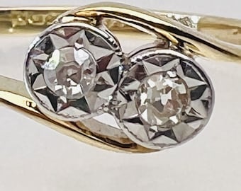 Art Deco 18ct Gold Platinum Illusion Set Diamond Duet Ring Toi et moi Size M1/2