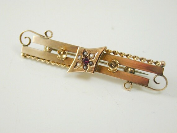 Ruby & pearl bar brooch antique Edwardian dated 1… - image 2