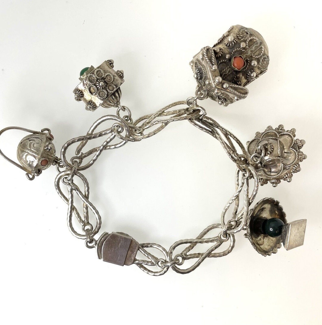 Antique 800 Silver Italian Etruscan Revival Gypsy Charm Bracelet