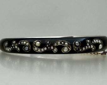 Antique Austrian 800 Silver Black Enamel Seed Pearl Hinged Bangle Hallmark 1867
