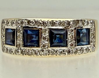 Vintage 9ct Gold Sapphire Diamond Half Eternity Panel Band Ring Hallmark 2005 -N