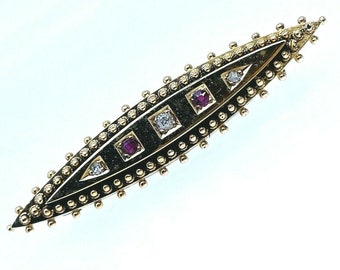 Antique 18ct Yellow Gold Ruby & Diamond Victorian Etruscan Revival Brooch 3.7g