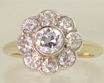 18 Karat Gelbgold Antiker Diamant Daisy Cluster Ring 1.30 ct Größe K zertifiziert