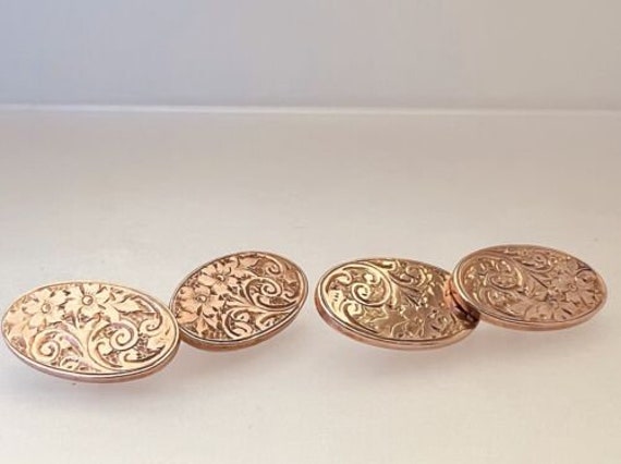 1916 Antique 9ct Rose Gold Oval Cufflinks Flowers… - image 3
