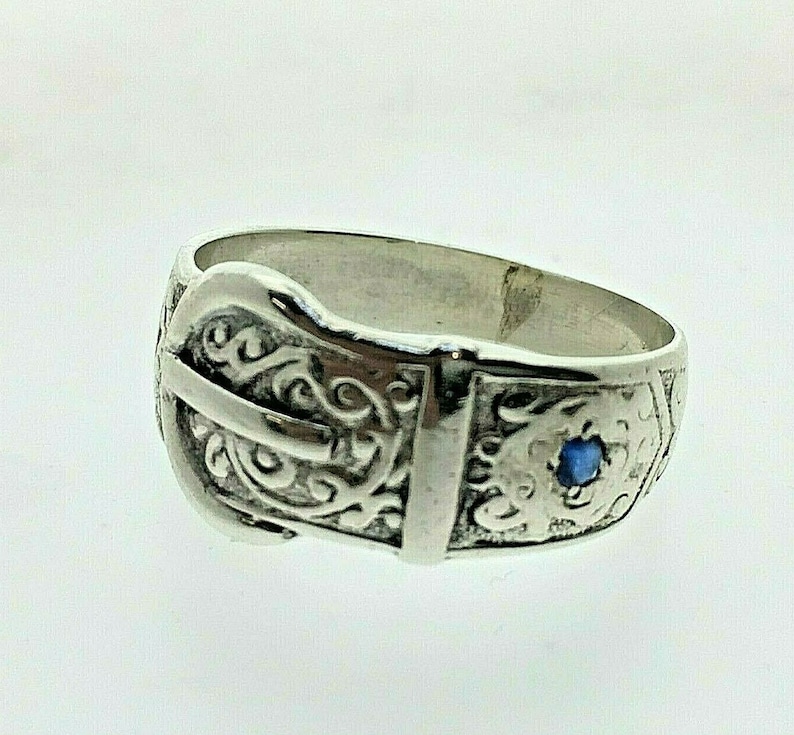 Vintage Silver Decorative Buckle Ring with Blue Spinel 4.3 grams Size S 12