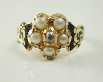 Diamant Perle Trauerring IN ERINNERUNG AN Viktorianisches 18 Karat Gold datiert 1844 4.8g