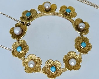 Pearl & Turquoise Round Flower Pendant Forget-me-nots antique 1880s 18" Chain