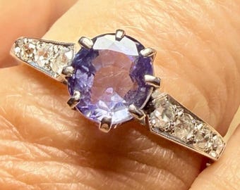 Art Deco Platinum Natural Lilac Blue Sapphire Old Mine Diamond Ring Size T 1930