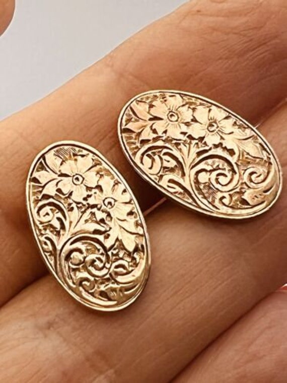 1916 Antique 9ct Rose Gold Oval Cufflinks Flowers… - image 2