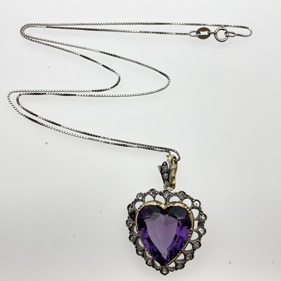 Antique 14ct Gold & Silver Amethyst Heart Diamond Pendant Necklace