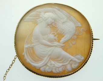 Antique Hebe The Goddess of Youth and The Eagle of Justice Shell Cameo 9ct Gold