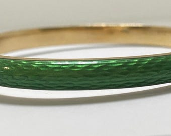 Vintage 18ct Yellow Gold Italian Green Guilloché Enamel Hinged Bangle 6 3/4"