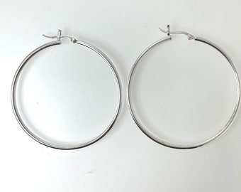 Vintage Big Large Silver Hoop Earrings Hinged Wire 6g 51.2mm Diameter 2.1mm Wide