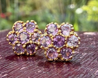 Vintage 9ct Yellow Gold Amethyst Flower Cluster Stud Earrings Delightful