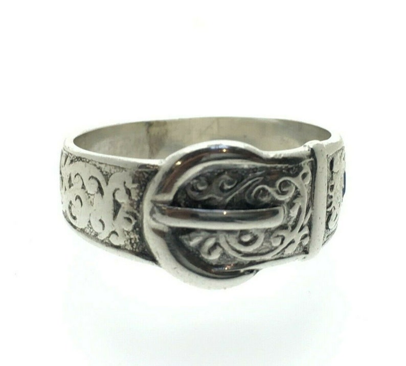 Vintage Silver Decorative Buckle Ring with Blue Spinel 4.3 grams Size S 12