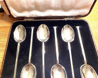 Antique Sterling Silver Art Deco Set 6 Tea Coffee Spoons 1929 &30 Hallmark Boxed