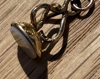 Antique Victorian 9ct Gold Fob Charm White Agate Seal Entwined Snake Scroll