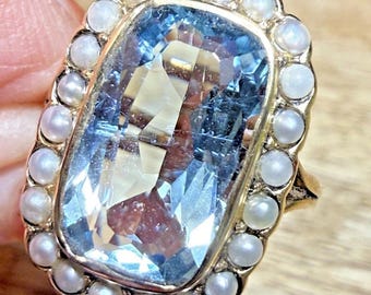 Victorian 18ct Gold 5.59ct Natural Certificated Aquamarine Pearl Halo Ring Size L