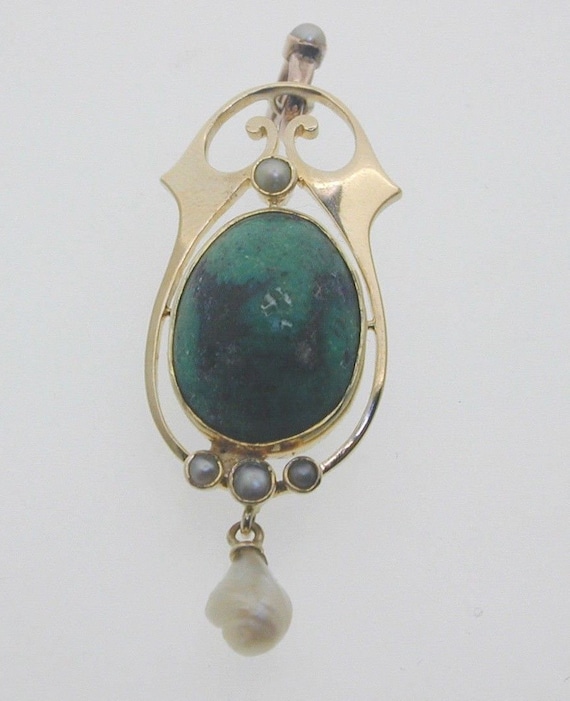 Murrle Bennett & Co. 18ct Yellow Gold Turquoise and Pearl Pendant 4g Art Nouveau