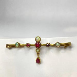 Antike Edwardian 9 Karat Gelbgold Heller Opal Rubin Bar Brosche Pin 44,4 mm 2,4g