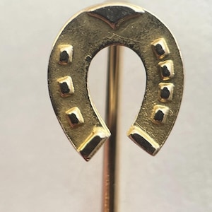 May include: A gold horseshoe pin with a long, slender stem. The horseshoe features seven square indentations and a curved design. The pin is likely made of metal and is intended to be worn as an accessory.