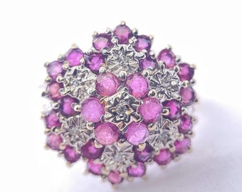Ruby Diamond Snowflake/Flower Cluster Vintage 9ct Gold Ring Size P made 1989