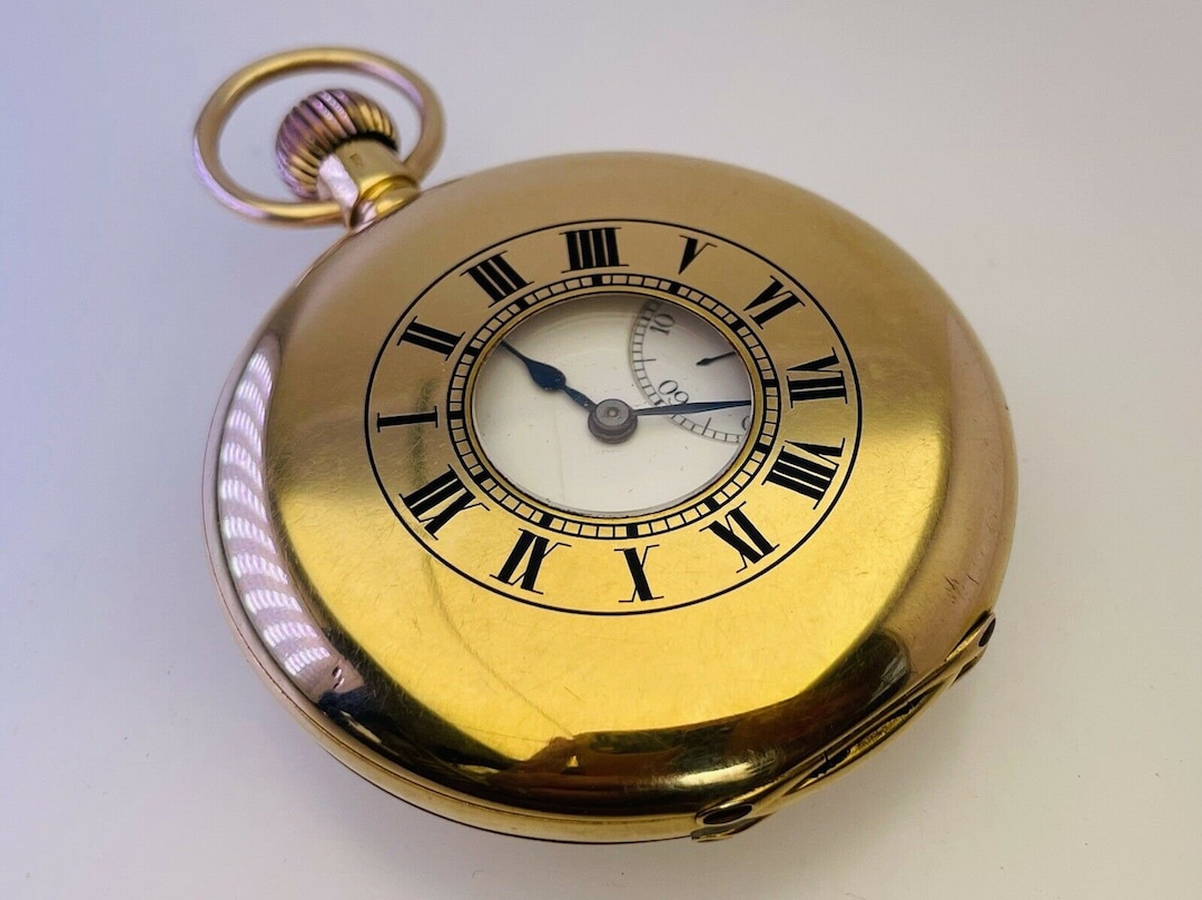 1910 Antique 18ct Yellow Gold Half Hunter Pocket Watch Blue Roman