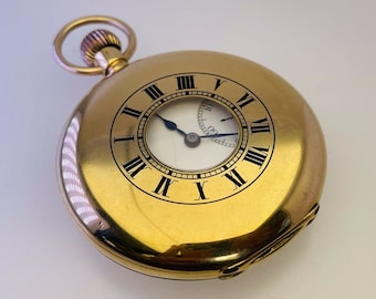 1910 Antique 18ct Yellow Gold Half Hunter Pocket Watch Blue Roman Numerals Hands