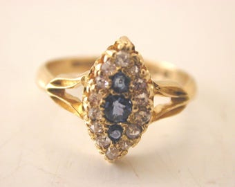 Victorian Marquise sapphire and old mine diamond ring 3.1g size K made in 1898