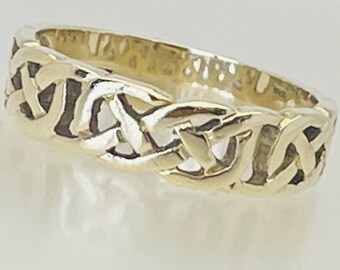 Vintage 9 Carat Yellow Gold Celtic Knot Band Ring Size Q Wedding 3.4g 6.5mm Wide