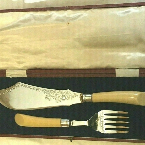 1930s Vintage Silver Plated Fish Servers Utensils Sardine Fork Boxed Faux Bone