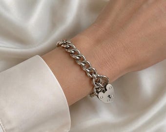 Solid real silver curb bracelet substantial solid curb links 1978 Heart Padlock