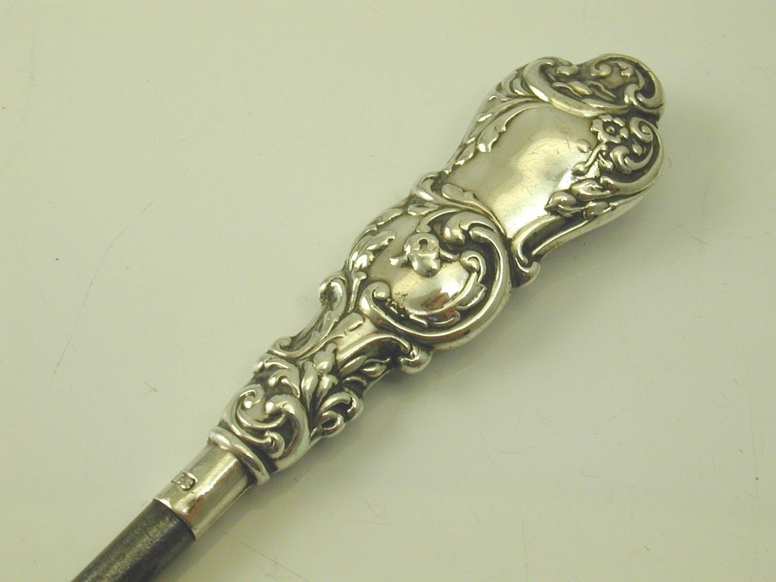 Vintage sterling silver handle button hook with Greek Key design