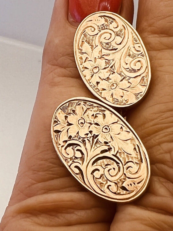 1916 Antique 9ct Rose Gold Oval Cufflinks Flowers… - image 4