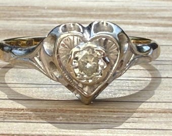 Vintage 18ct Yellow and White Gold Delightful Diamond Set Heart Ring L 1/2 1967