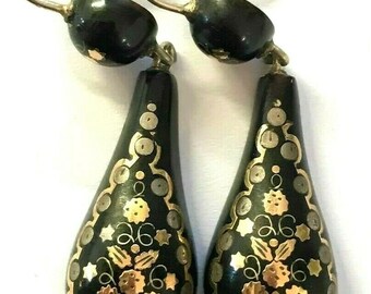 Antique Victorian Pique Earrings Silver Hooks Gold Inlay 3.8