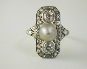 Echte Salzwasserperle Diamant Ring La Belle Epoque | Gold Platinum 1.36ct Zertifizierte Größe Q