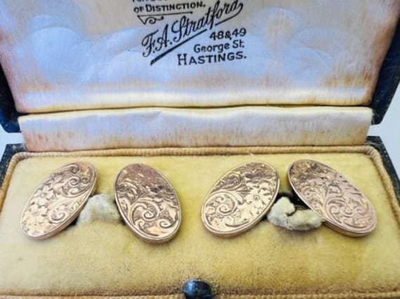 1916 Antique 9ct Rose Gold Oval Cufflinks Flowers… - image 1