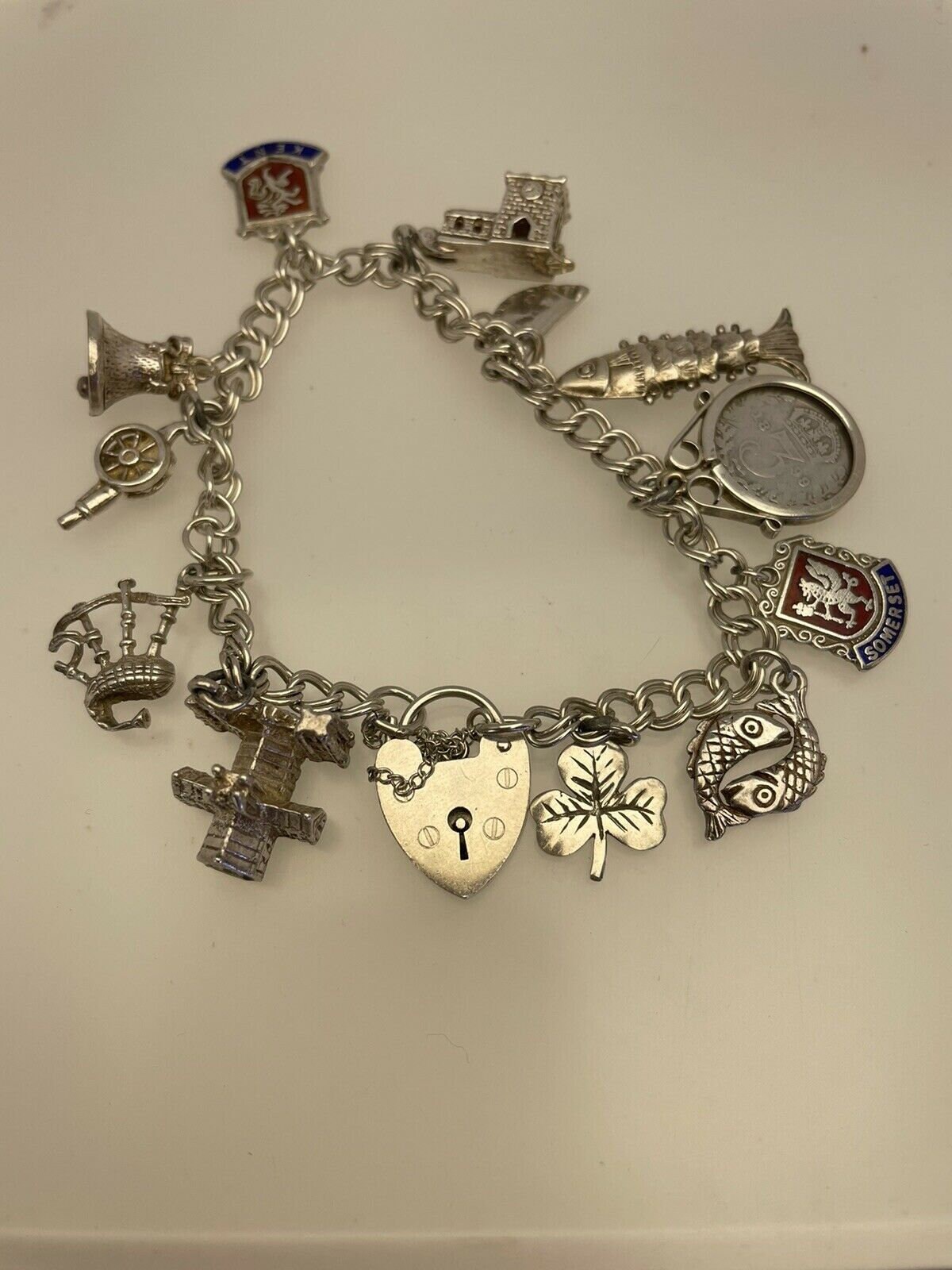 Silver Charm Bracelet Double Link Chain 12 Charms Heart
