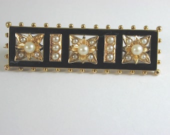 Antique made in 1888 18ct Yellow Gold Pearl Bar Brooch Mourning